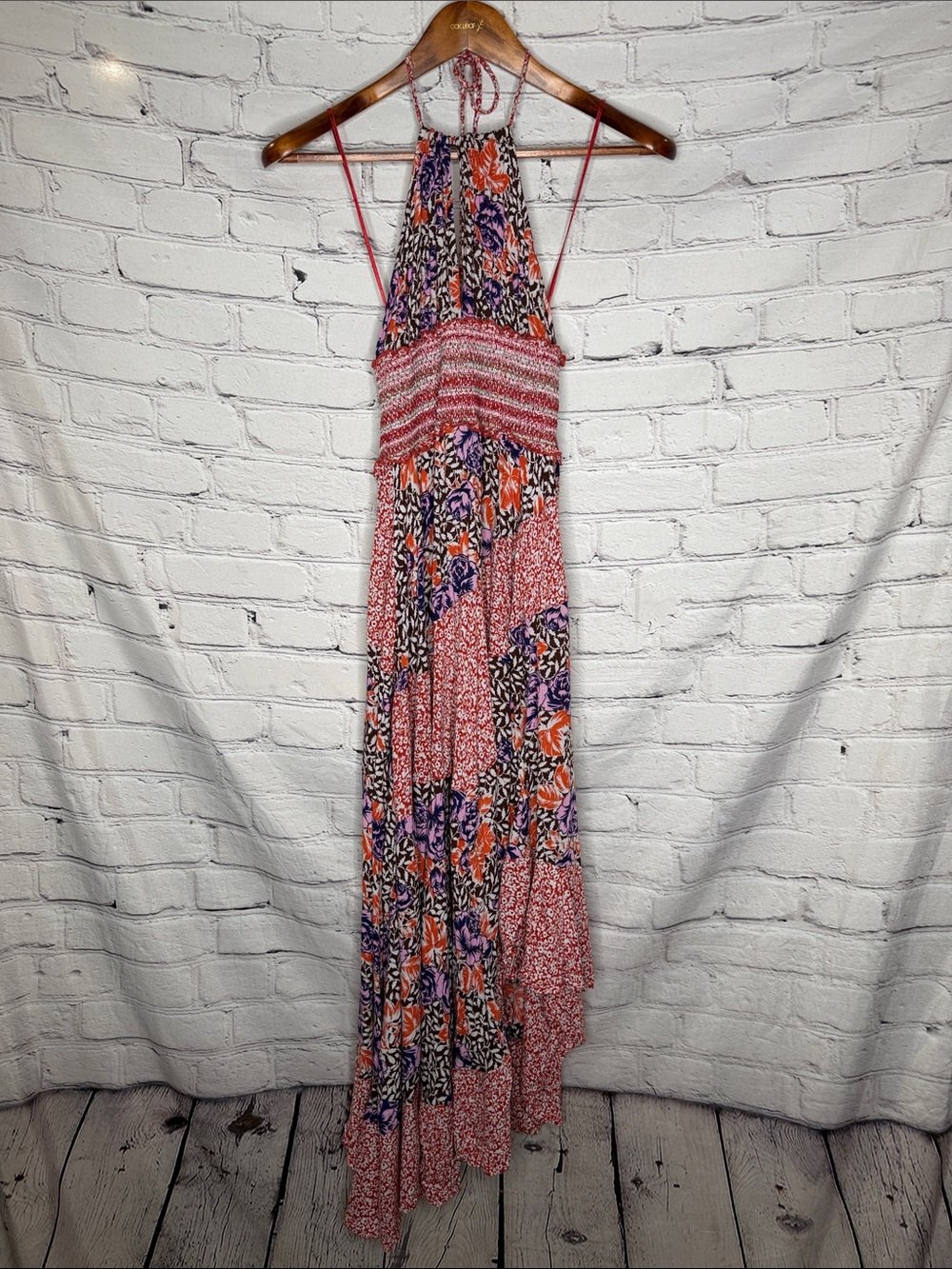 Free People Boho Floral Halter Maxi Dress in Coral, Purple & Brown Size X-Small